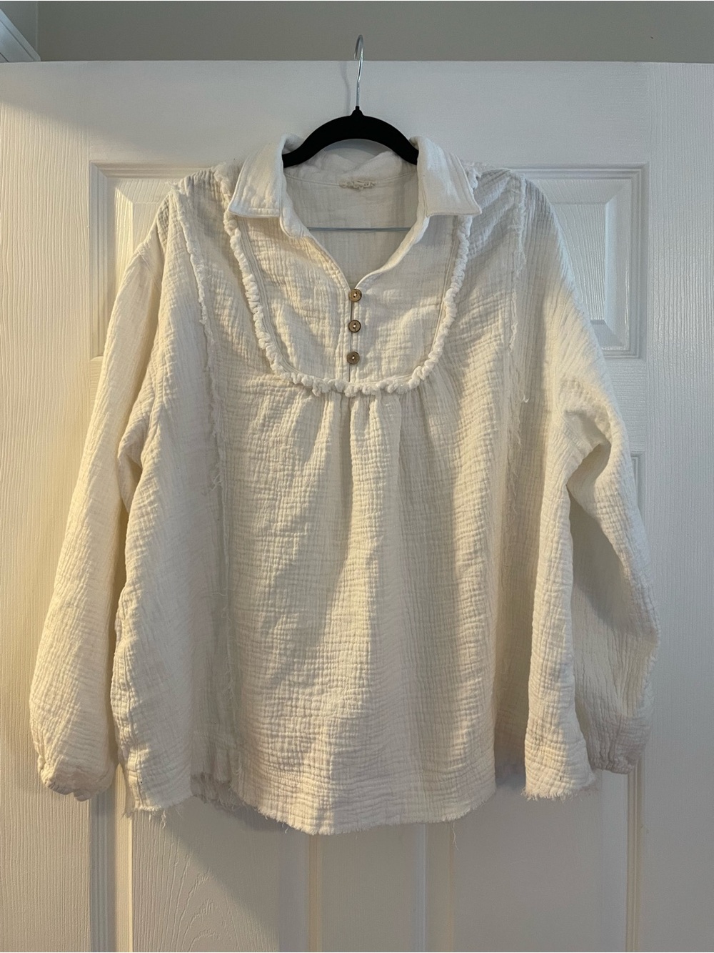 JODIFL White Gauze Ruffle Yoke Button Blouse